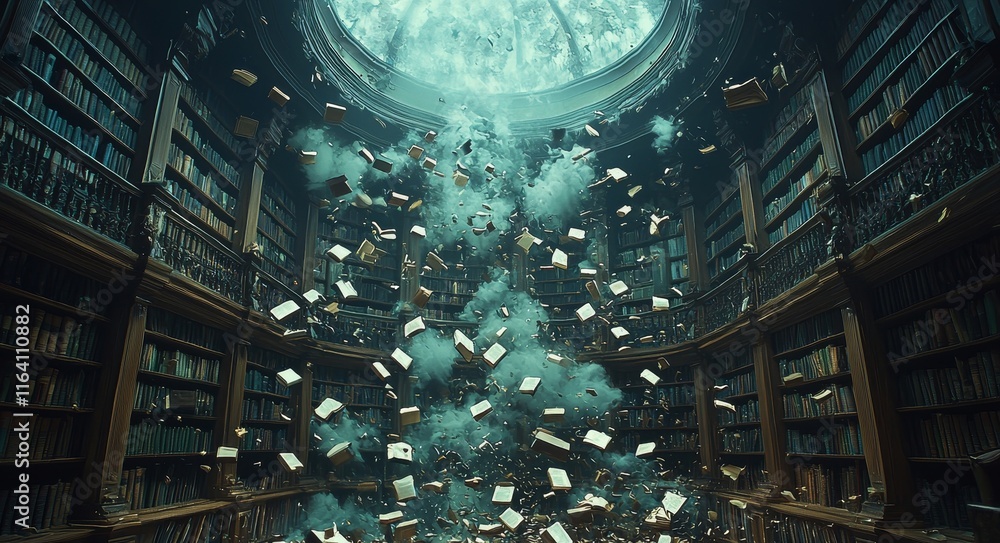 Poster a monumental library packed with every book and scroll conceivable. the towering shelves extend inde