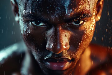 Intense Portrait of an Athlete with Sweat Droplets