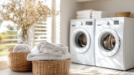 Bright and Cozy Laundry Room with Washer, Dryer, and Fresh Towels in Baskets