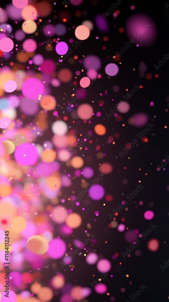 Poster multicolored confetti particles falling heavily in celebration abstract background with bokeh effect