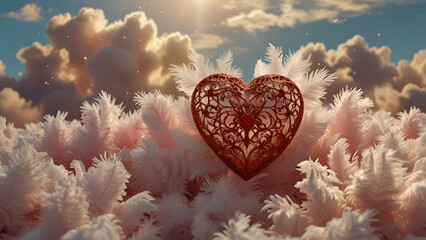 Fototapeta premium A red heart made of delicate lace, surrounded by gold glitter soft white feathers, floating gently against a backdrop of soft clouds and pastel colors. The scene evokes elegance romance for Valentine.