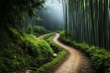 Obraz premium A lush bamboo forest trail in Izu, with sunlight streaming through the towering green stalks