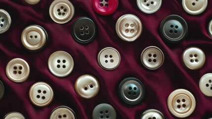 Fototapeta premium Colorful Buttons Arranged on Silk Fabric Background for Craft Projects