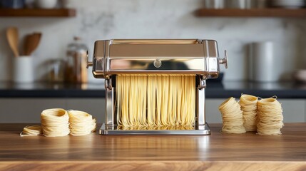 A sleek pasta maker stands on a wooden countertop. Fresh strands of pasta flow from the machine, surrounded by neatly rolled portions ready for cooking.