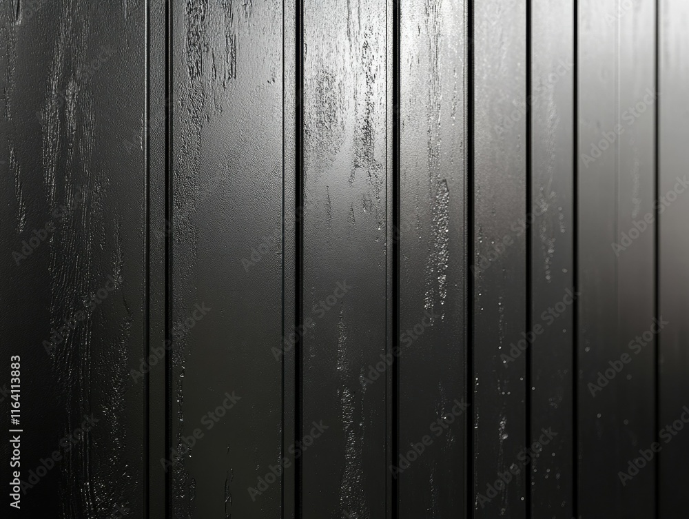 Poster a close-up of a textured black paneling with vertical lines and moisture droplets.