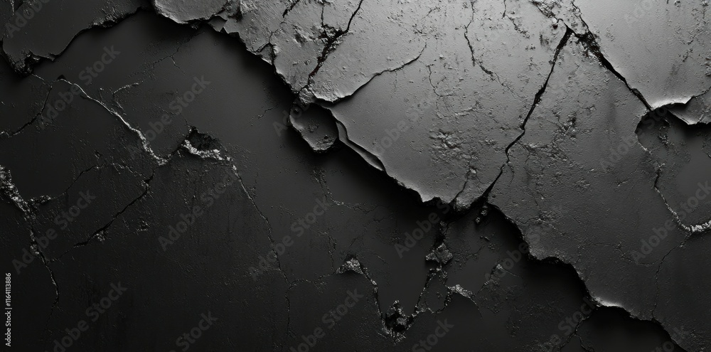 Poster a textured black surface with cracks and imperfections, evoking a sense of depth and decay.
