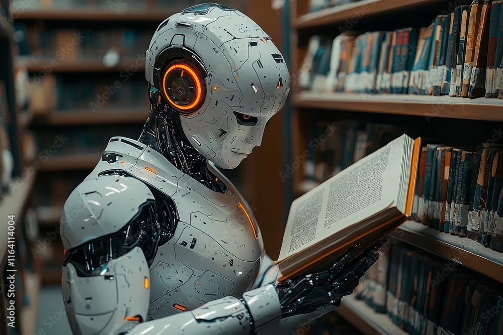 Poster a stock robot, ensconced in a library, reads a book and compiles data