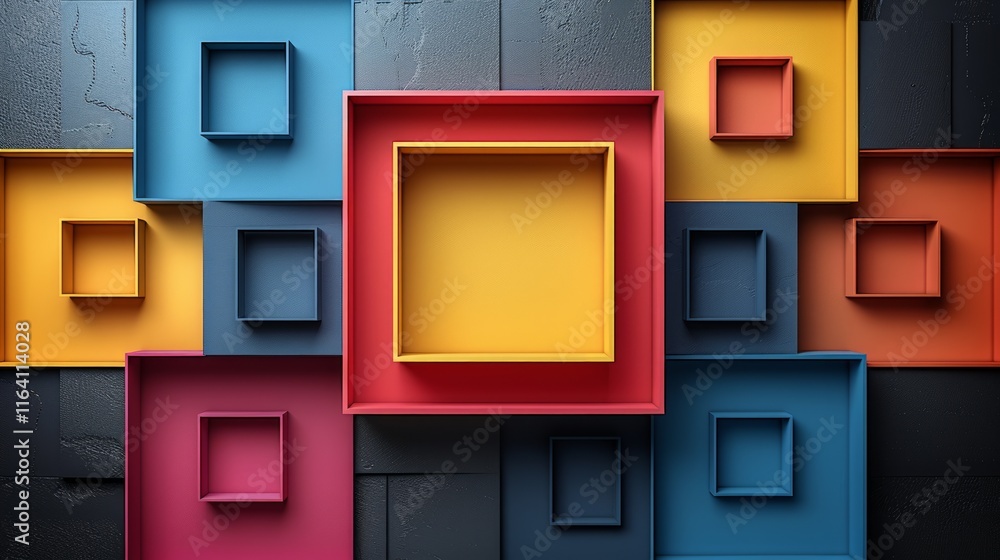 Poster colorful nested squares on dark background.