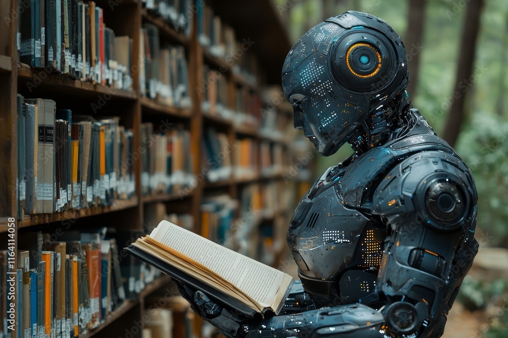 Aufkleber stock robot is stationed in a library, reading a book and collecting data