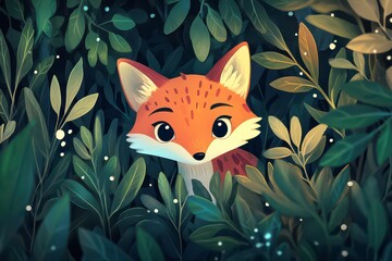 Playful Fox Peeking from Lush Greenery in Cartoon Style