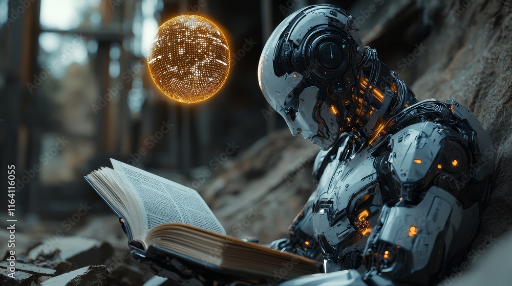 Aufkleber in this futuristic library, where humans and ai robots interact, the robots help with research and d