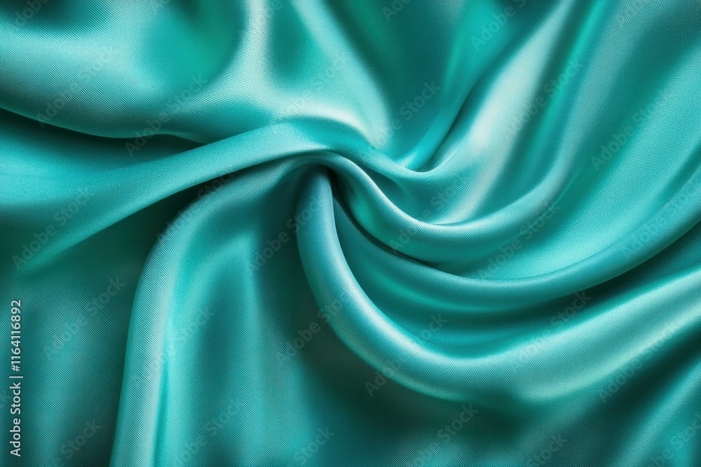 Poster a close-up view of smooth, teal satin fabric showcasing its texture and sheen.