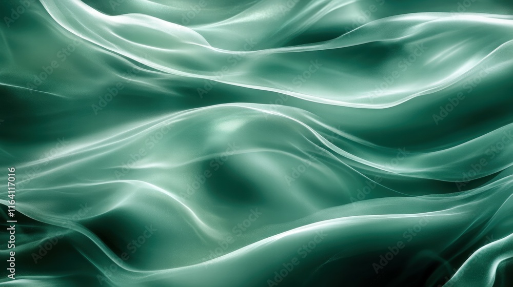 Poster Ethereal flowing waves in shades of green, creating a serene and abstract visual effect.