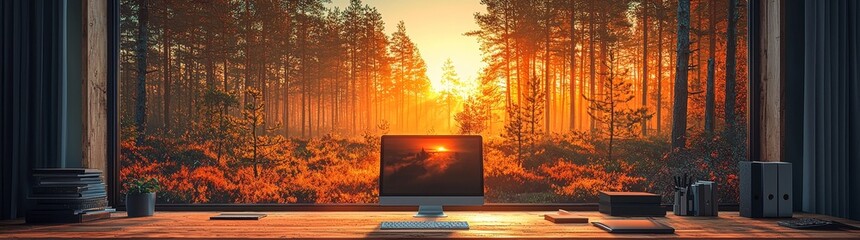 Abstract glossy monitor and accessories in a modern desk setup, demonstrating a clean and organized remote work atmosphere - photo stock concept