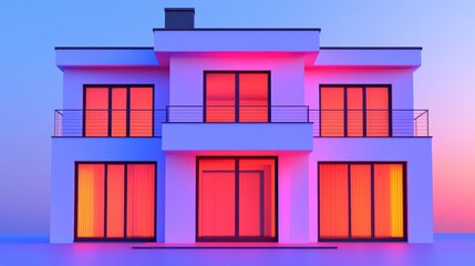 Warm red light illuminates a solitary house in the evening, creating cozy and inviting ambiance