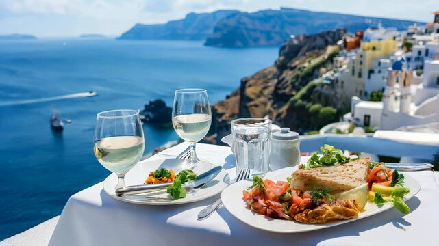 Romantic outdoor dining table with a sea view, wine glasses, and Mediterranean dishes. Travel and cuisine concept