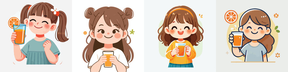 little girl vector set drinking orange juice
