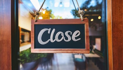 A wooden sign hanging on a glass door with the words 'CLOSE' written in a clean, bold font. The background shows a blurred view of a street or outdoor area with soft light 