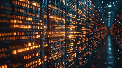 Obraz premium Digital library featuring books and a laptop computer in a futuristic ambiance, emphasizing data visualization and AI-driven information retrieval. Glowing binary code streams along the bookshelves