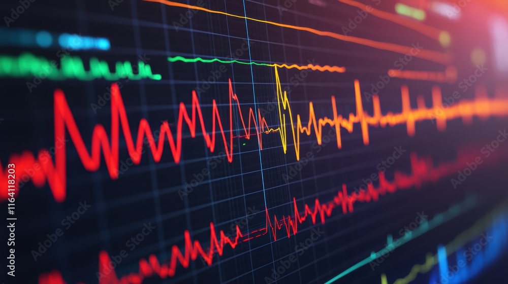 Poster colorful line graphs displaying data trends, patterns, growth, and fluctuations colorful