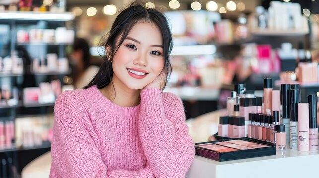 Live beauty product review by a young Asian woman on a social media platform, enhanced with cinematic lighting and a pastel background, illustrated in realistic detail