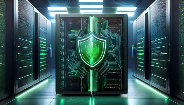 A futuristic data center featuring a secure server with a glowing shield, emphasizing cybersecurity and advanced technology.