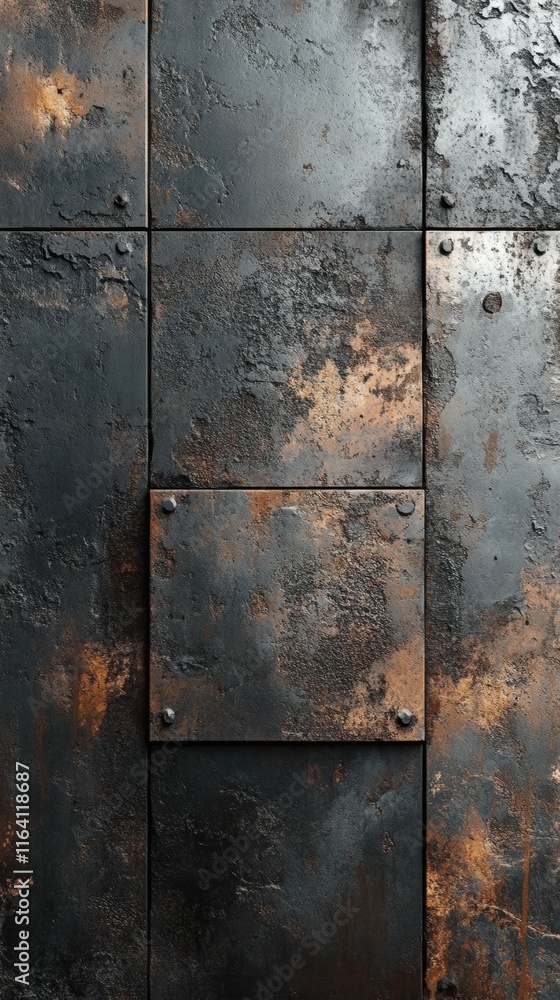 Aufkleber a textured metallic surface with rust and patina, showcasing industrial design elements.