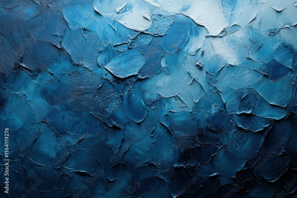 Poster abstract textured painting in varying shades of blue, emphasizing depth and movement.