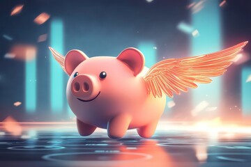 Whimsical Flying Piggy Bank in Bright Cartoon Style