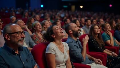 Audience laughing at a comedy festival. Red seats, camera focuses on a woman enjoying the show.