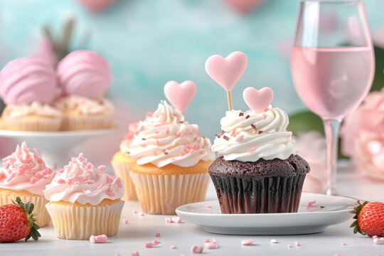 Valentine's Day, A vibrant image of a table adorned with Valentine's Day treats, featuring colorful cupcakes and festive decorations showcasing love and celebration.