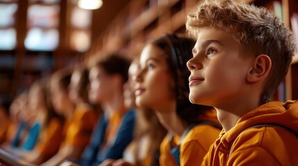 Fototapeta premium Teenagers sitting in a library, one leaning forward slightly, indicating mild scoliosis.