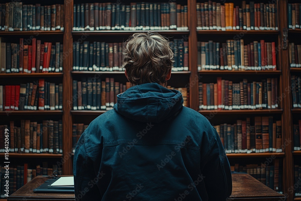 Poster within the hushed atmosphere of the library, a student is studying intently at a desk with a laptop 
