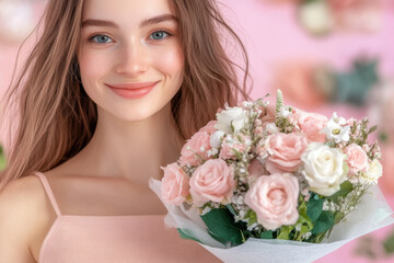 Naklejka premium Valentine's Day, A woman holding a bouquet of pastel-colored roses, suitable for floral arrangements or romantic themes in stock photography.