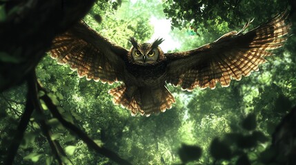 Fototapeta premium Majestic Owl Flying Above a Lush Woodland Clearing