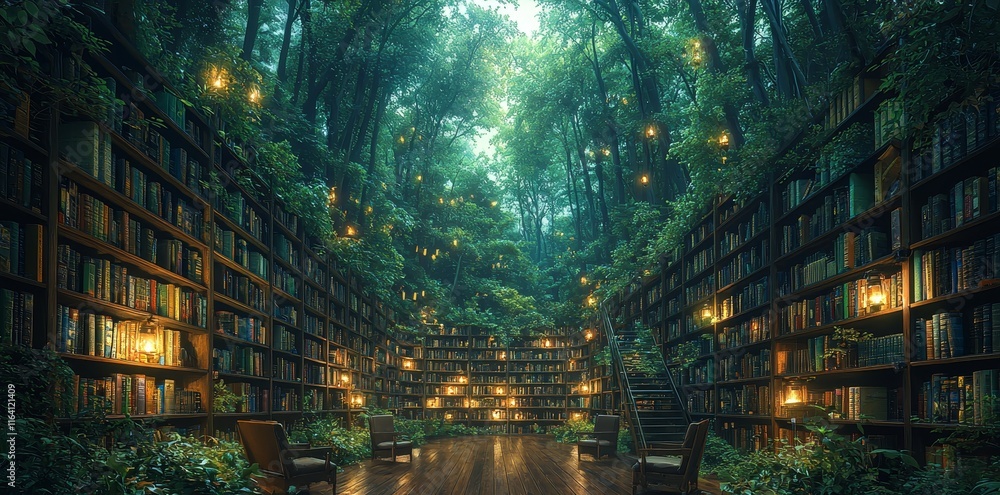 Poster nestled in a serene bamboo forest, the virtual library boasts digital lanterns and interactive bambo