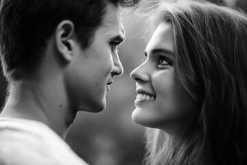 Fototapeta premium A beautiful black-and-white image of a couple sharing a joyful intimate moment.