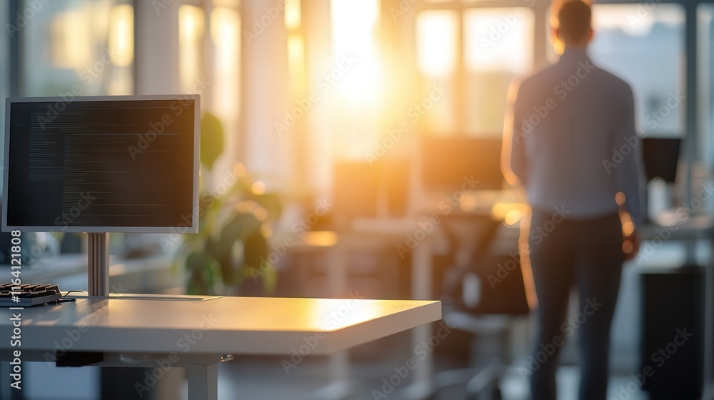 Poster Office workers standing at adjustable desks to reduce back strain.