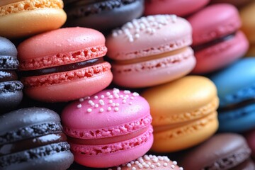 Obraz premium A close-up of vibrant macarons in various pastel shades. A delicious and artistic representation of fine confectionery