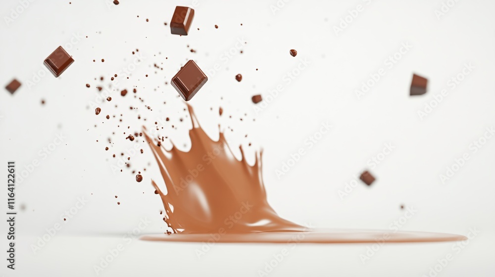 Poster melting chocolate splash with floating cubes in a clean white background