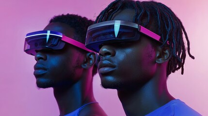 A cluster of individuals wearing virtual reality headsets, bathed in vibrant pink and blue lighting, engrossed in an immersive digital experience