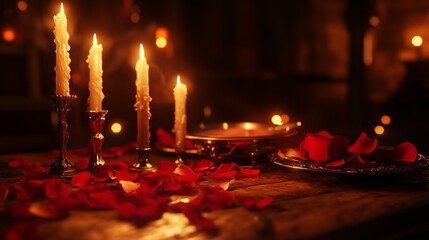 Elegant Festive Dinner Table Set-up with Candle and Rose Petal Decorations