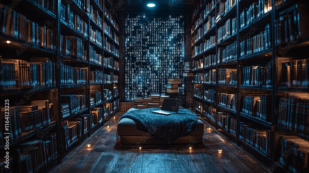 Poster set in the future, a digital library with books and laptops prioritizes data visualization and ai-as