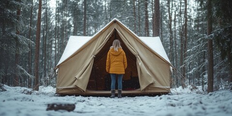 Solitary Winter Tent in Snowy Forest