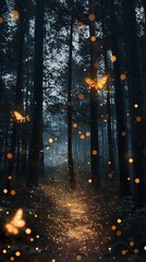 Mysterious dark forest with magic glowing butterflies