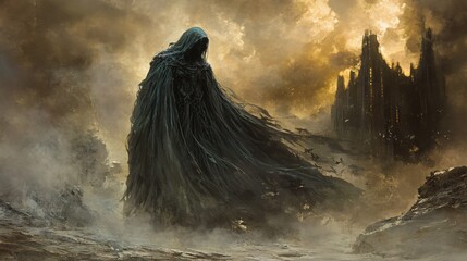 Mysterious Figure in Tattered Cloak Surrounded by Eerie Atmosphere and Ruins