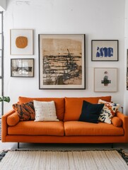 Orange Sofa with Abstract Artwork and Pillows in a Modern Room