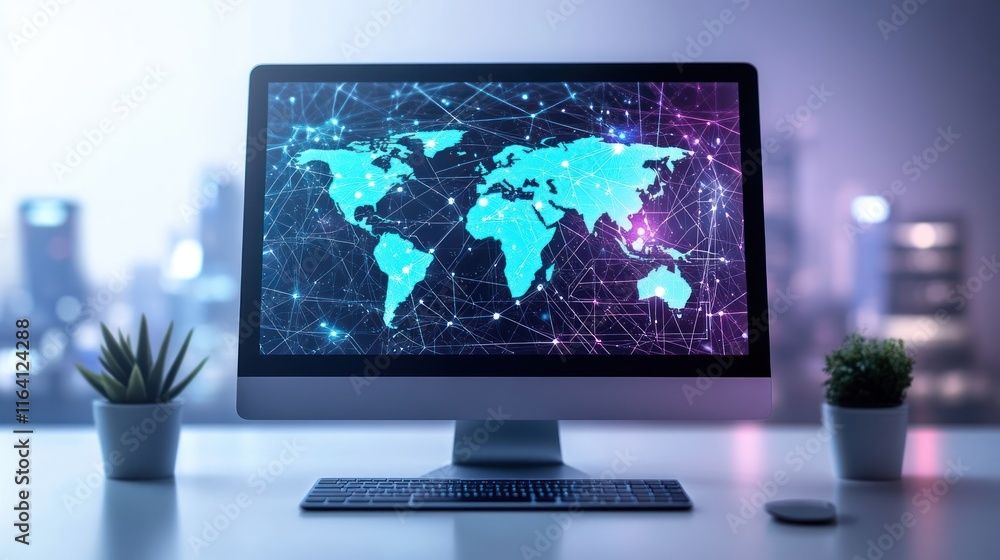 Poster global network displayed on computer screen.