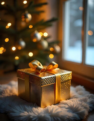 Paquet cadeau dor&eacute; luxueux devant un sapin de No&euml;l illumin&eacute;