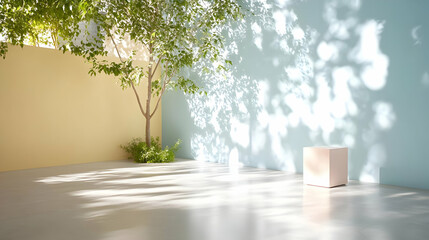 Obraz premium Minimal empty room, tree, sunlight, shadows, podium, pastel colors.